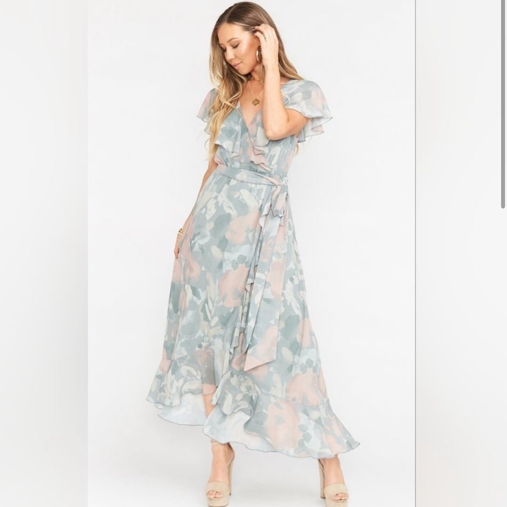 Show Me Your Mumu Jess Ruffle Midi Wrap Ruffle Dress Floral Sage Cocktail Small